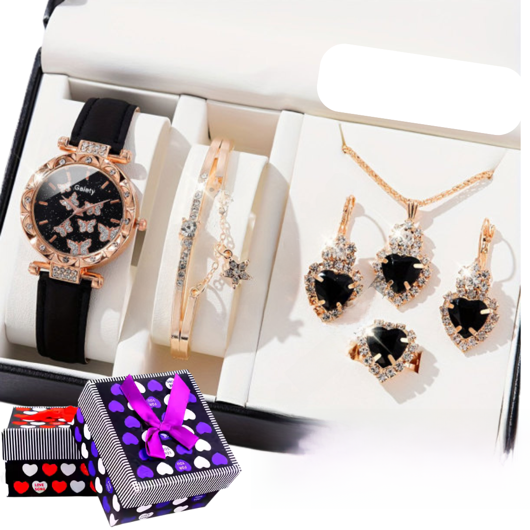 6Pcs Fashionable Leather Belt Butterfly Causal Watch and Bracelet Stone Jewellery Set for Women Box Free