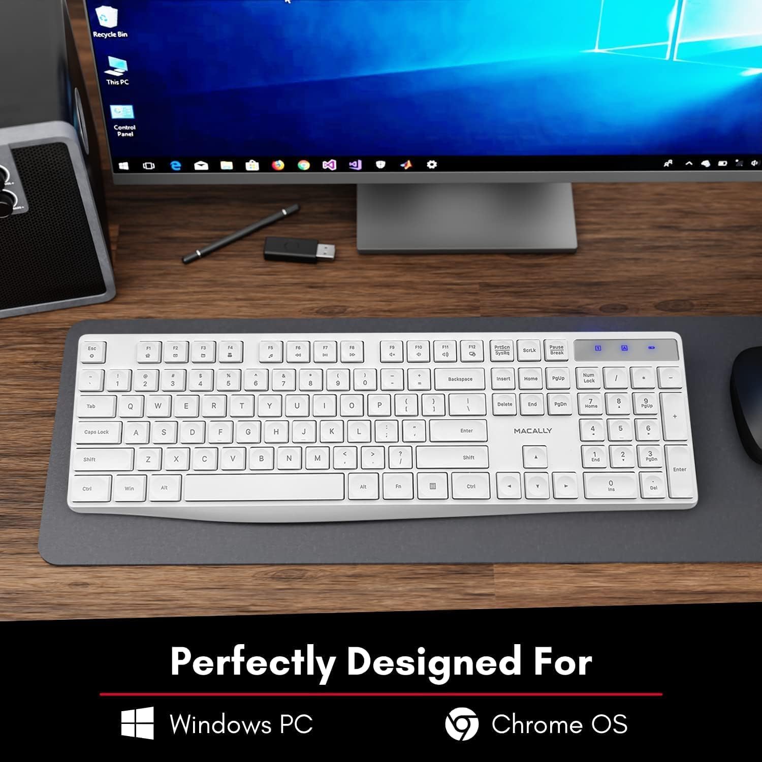 Macally Wireless Keyboard - 2.4G Ergonomic Full Size White Keyboard with Numeric Keypad & 13 Shortcut Keys - Plug & Play Quiet Cordless Keyboard for Laptop, PC, Windows Desktop, and Chromebook. 