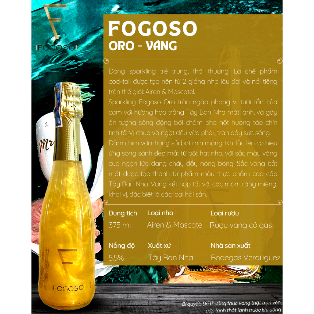 Vang sủi Sparkling Fogoso Oro nhập khẩu nguyên chai
