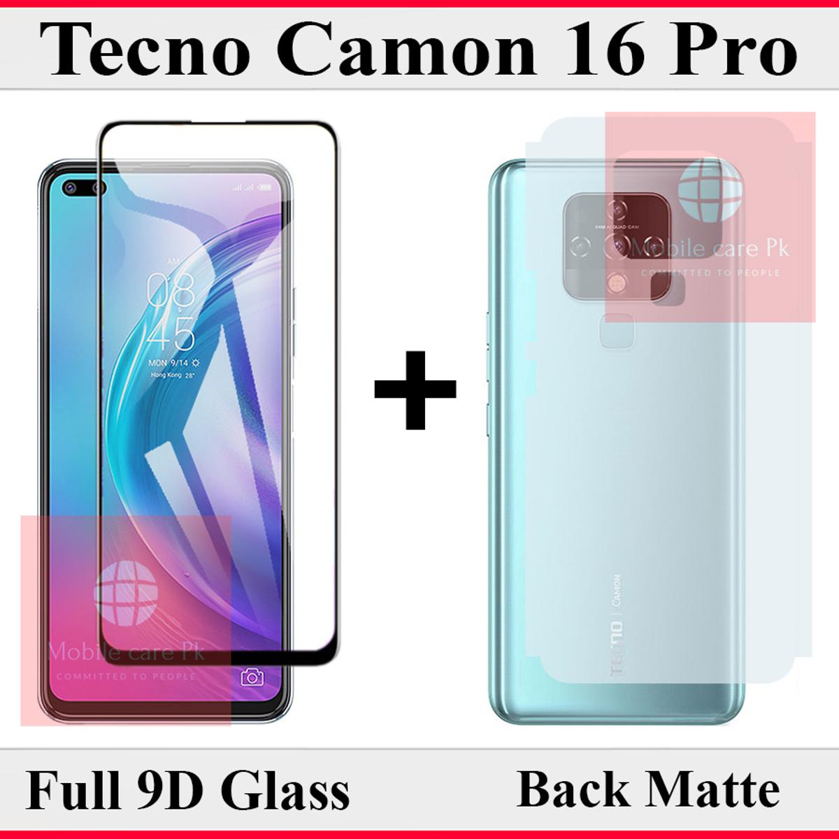 Tecno Camon 16 Pro 9D Glass Protector Tempered Glass Edge To Edge + Back Matte Protector Fiber Carbon Soft Skin Sheet For Tecno Camon 16 Pro. 