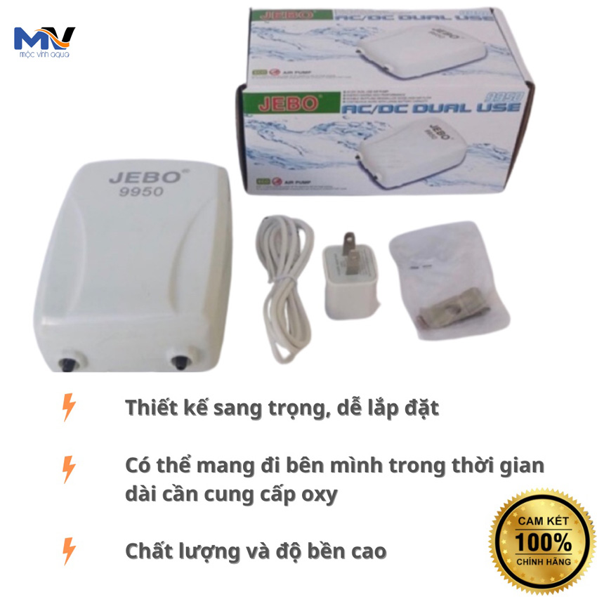 [ Tặng 1m dây và 2 cục sủi ] Máy sủi oxy tích điện Jebo 9950 2 vòi mini siêu êm