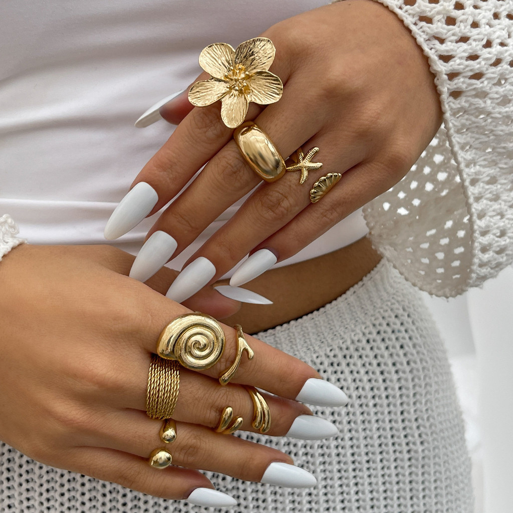 Enacolor Rings for Girls All Season Polished Alloy Boho Retro Flower & Starfish Ring Set – 8Pcs Fashion Jewellery.