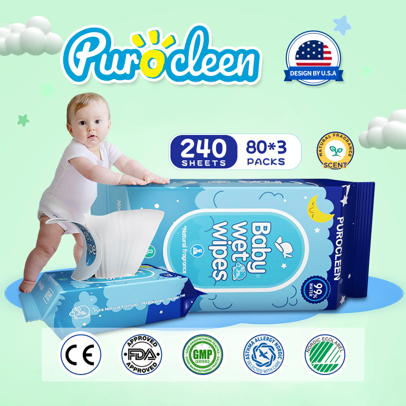 PUROCLEEN Baby Wet Wipes NonAlcohol Antibacterial Wipes 80pcs x 3Packs