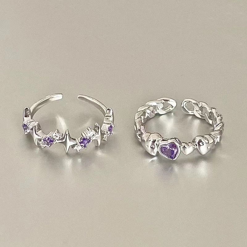 IF ME Heart Star Ring Purple Zircon Silver Adjustable Rings for Women Fashion Jewelry Accessories