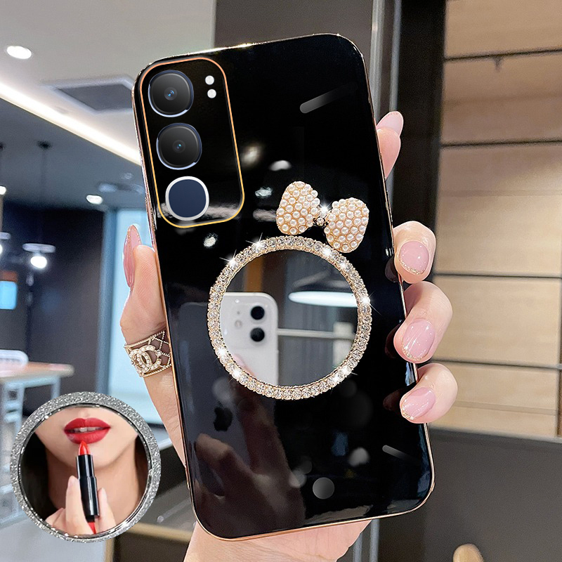 New Phone case Vivo Y29 Back cover with Bow Makeup Mirror Luxury Shiny Gradient Clear Soft 6D Plating Girls Slim for VIVO Y29 5G case.
