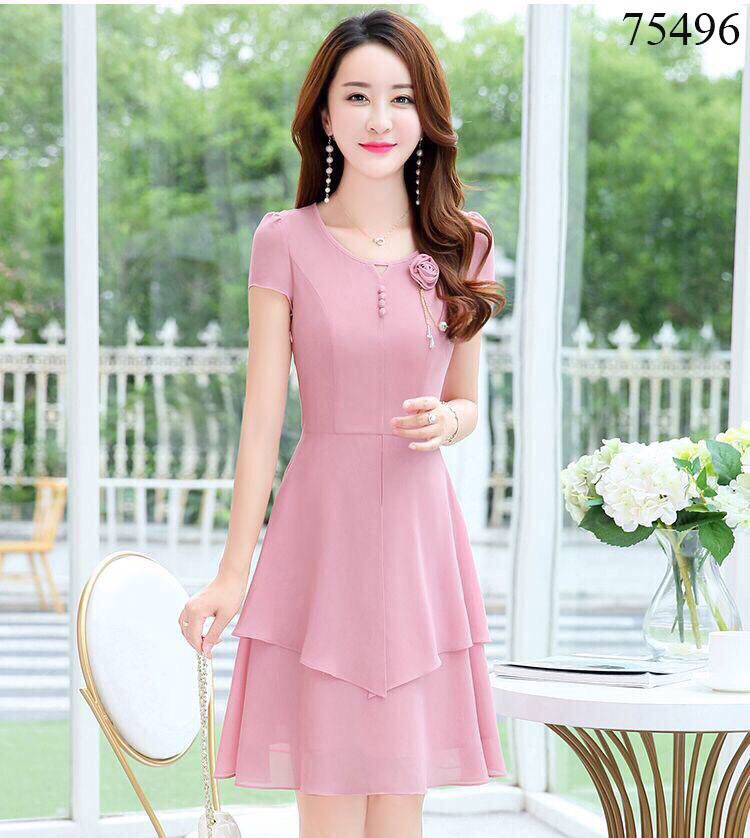 Đầm xòe voan chiffon dự tiệc đính hoa