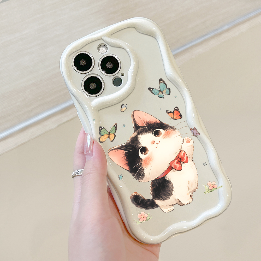 Jizetin for Samsung A10 Back Cover Kitten Playing Butterfly Cream Wavy Edge Soft Silicone Phone Case.