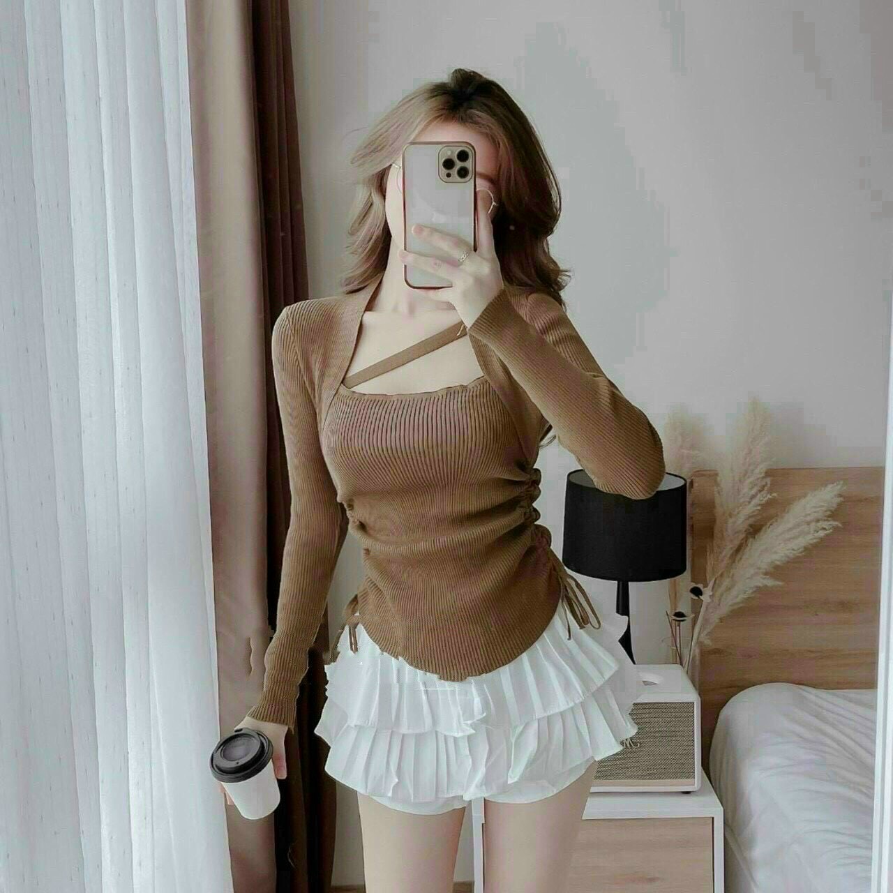 Áo thun nữ cổ vuông dây chéo cổ rút dây 2 bên tay dài vải thun gân dày dặn ôm body thiết kế tinh tế lịch sự LL