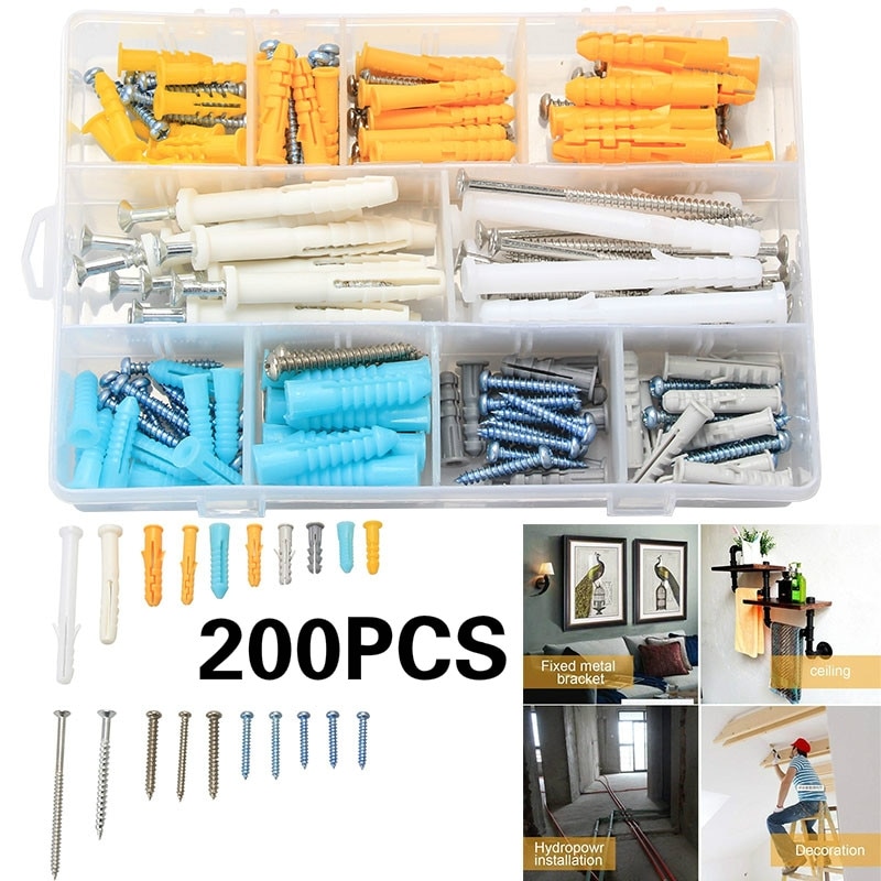 200Pcs/Box M4 M5 Plastic Expansion Drywall Anchor Screw Self-Tapping Screw Set Stainless Steel Pipe Wall Plug Glue Plug