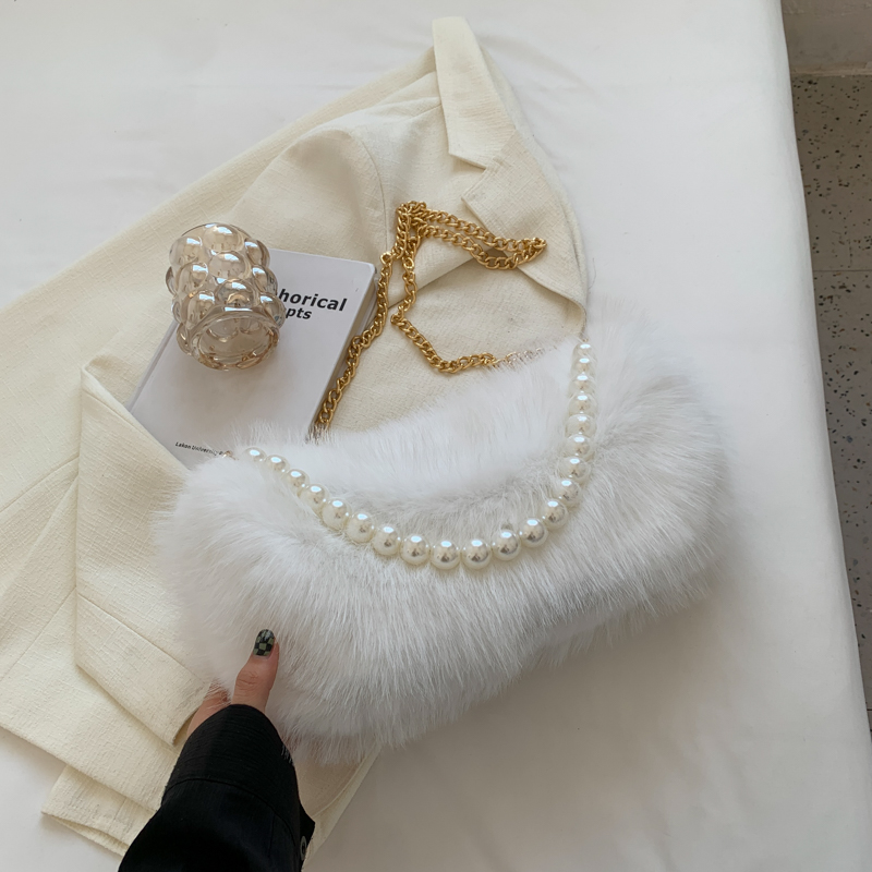 NALLCHEER Fluffy Plush Women Crossbody Bags Shoulder Bags Elegant Pearls Chain Bag Handbag Sling Bag