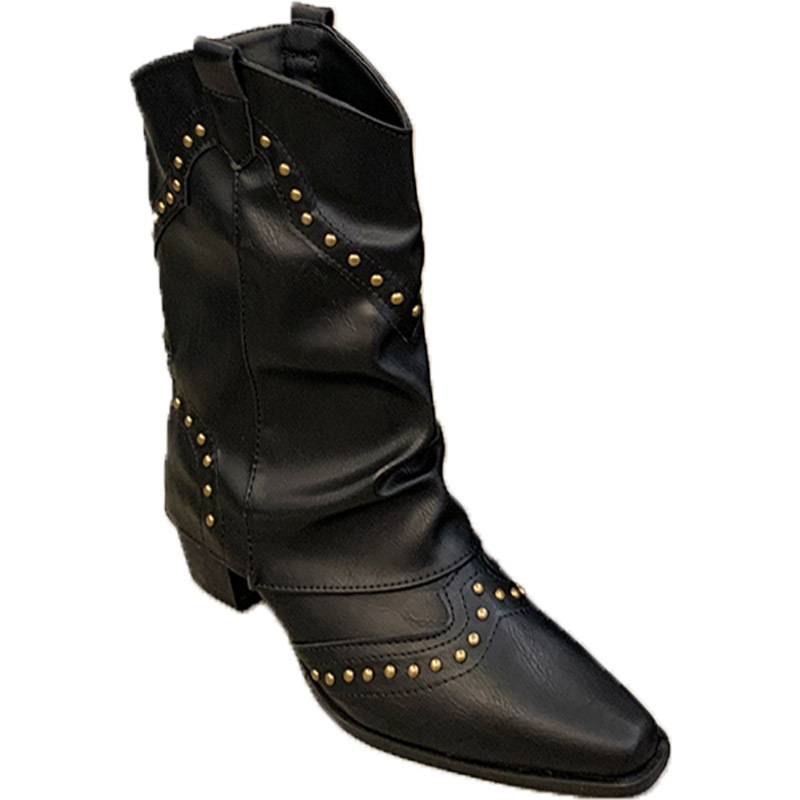 RENBEN Smoke pipe black rivet boots western cowboy pants tube boots short boots retro v-mouth pointed thick heel