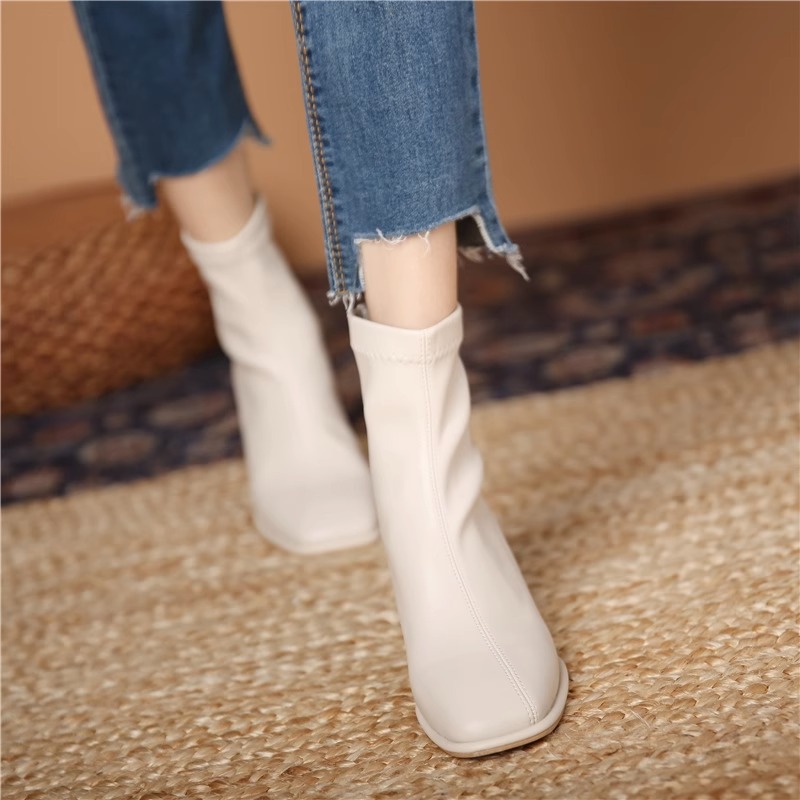 French style short women s thin boots, thick square toe high heels