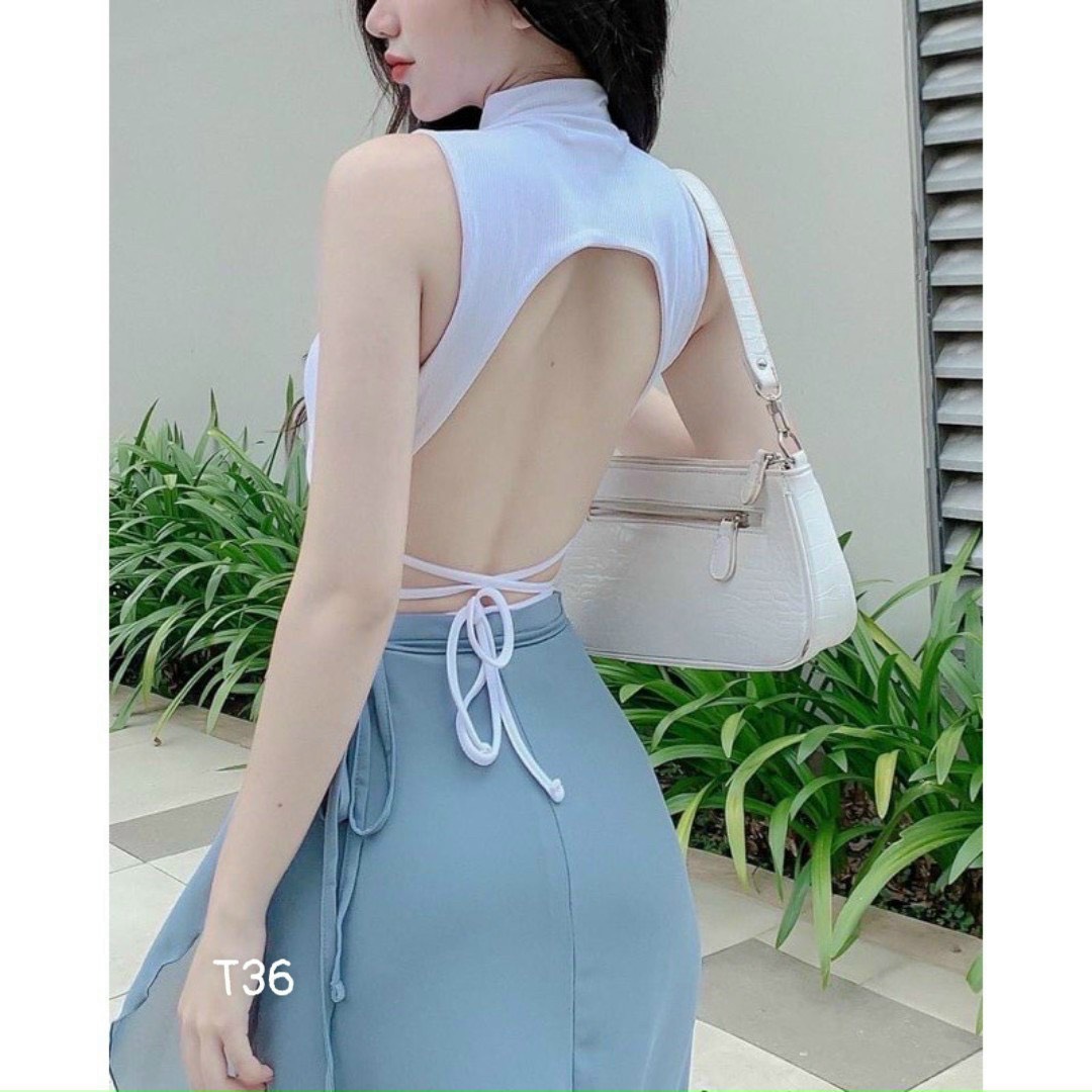 Áo kiểu 3 lỗ sát nách cổ lọ hở lưng cột dây eo cực sexy , chất thun mềm mịn