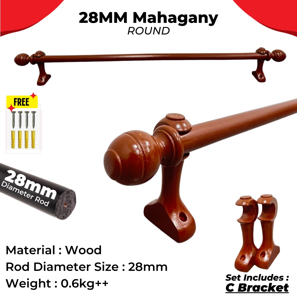 HOLS Wooden Curtain Rod 28MM Heavy Duty Wooden Rod Solid Rod Langsir