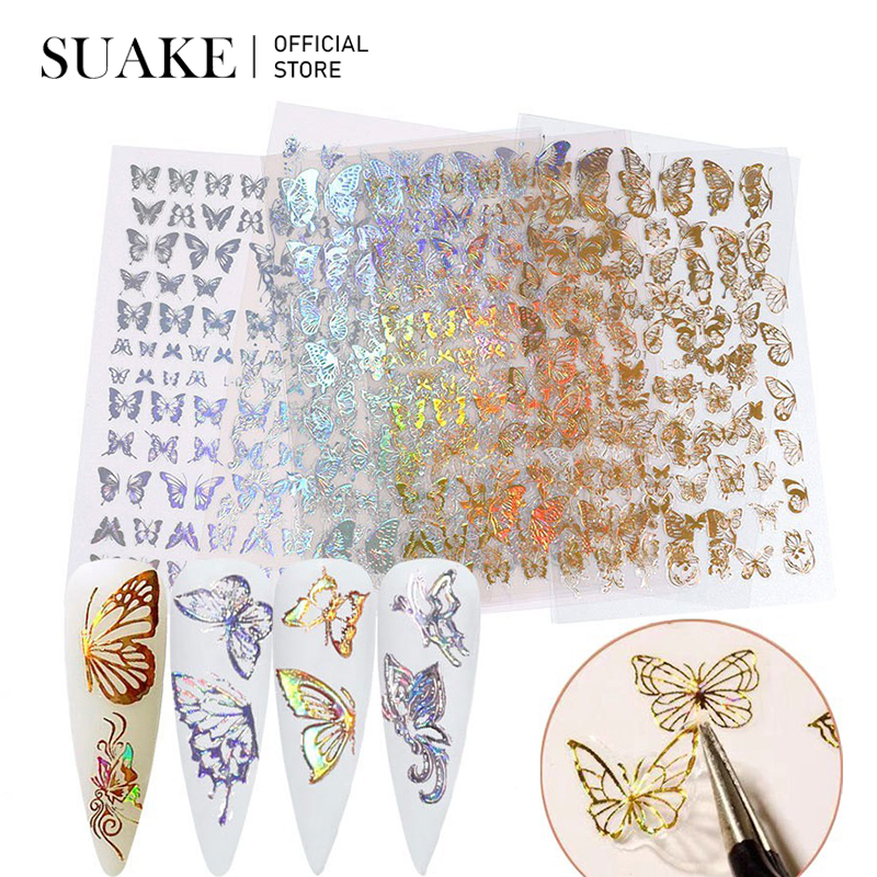 SUAKE 1pcs Butterfly Nail Art Stickers Gold Silver Laser Butterfly Water thumbnail