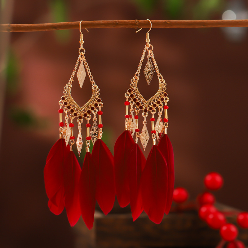 Bông Tai Lông Vũ Hình Thoi Dây Xích [CÓ SẴN - HÀNG NHƯ HÌNH]