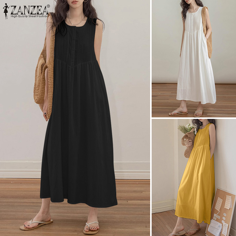 ZANZEA%20Korean%20Style%20Women's%20Dresses%20New%20Fashion%20Sleeveless%20Round%20Neck%20Pleated%20Casual%20A-Line%20Dress%20-%20Image%205