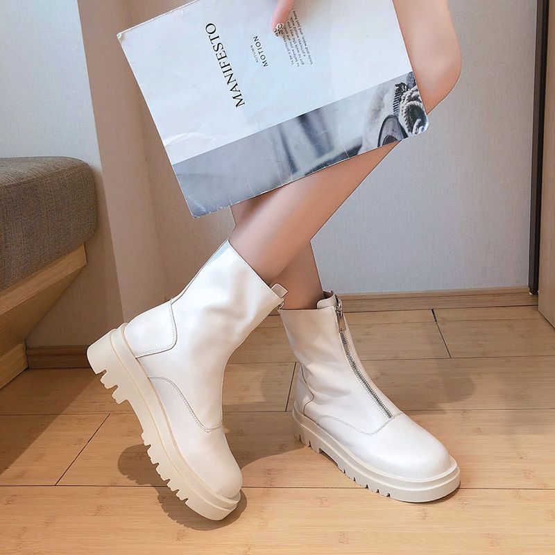 Fuyixuan 2023 Mùa xuân và mùa thu Boutique nữ Oceanic ins Tide mới lưới đỏ trắng gầy khởi động ngắn màu sắc cao giày đế dày thời trang