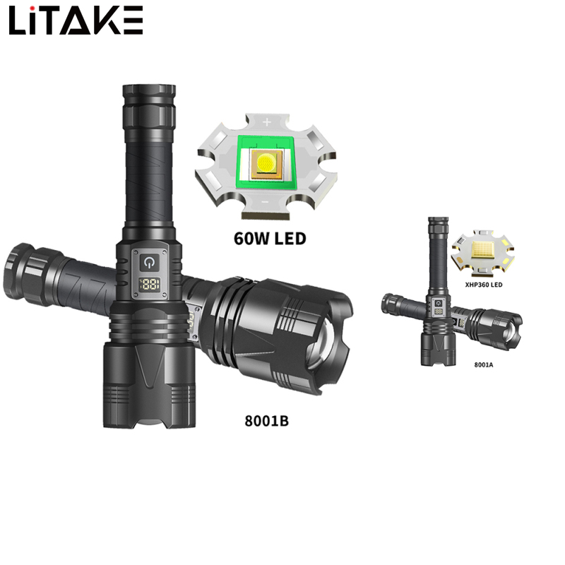 60W XHP360 Powerful Handheld Flashlights Digital Power Display IPX4 Waterproof Strong Light Long Range Outdoor Camping Flash Light Torch