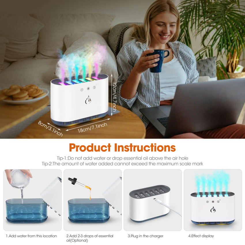 Flame Essential Oil Diffuser, 7 Colour Lights Aromatherapy Diffuser, 900ml Super Quiet Air Humidifier Waterless Auto-Off Night Light, Air Aroma Diffuser For Bedroom Office Travel Spa Home Decor