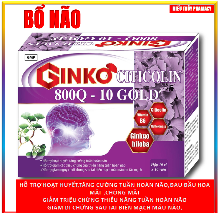 Viên Uống Hoạt Huyết Dưỡng Não Ginkgo Citicolin  800Q , Giup Tăng Cường Tuần Hoàn Máu Não  , Ngăn Ngừa giảm  Nguy Cơ tai biến mạch máu não  (ĐỘT QUỴ) – HỘP 100 VIÊN