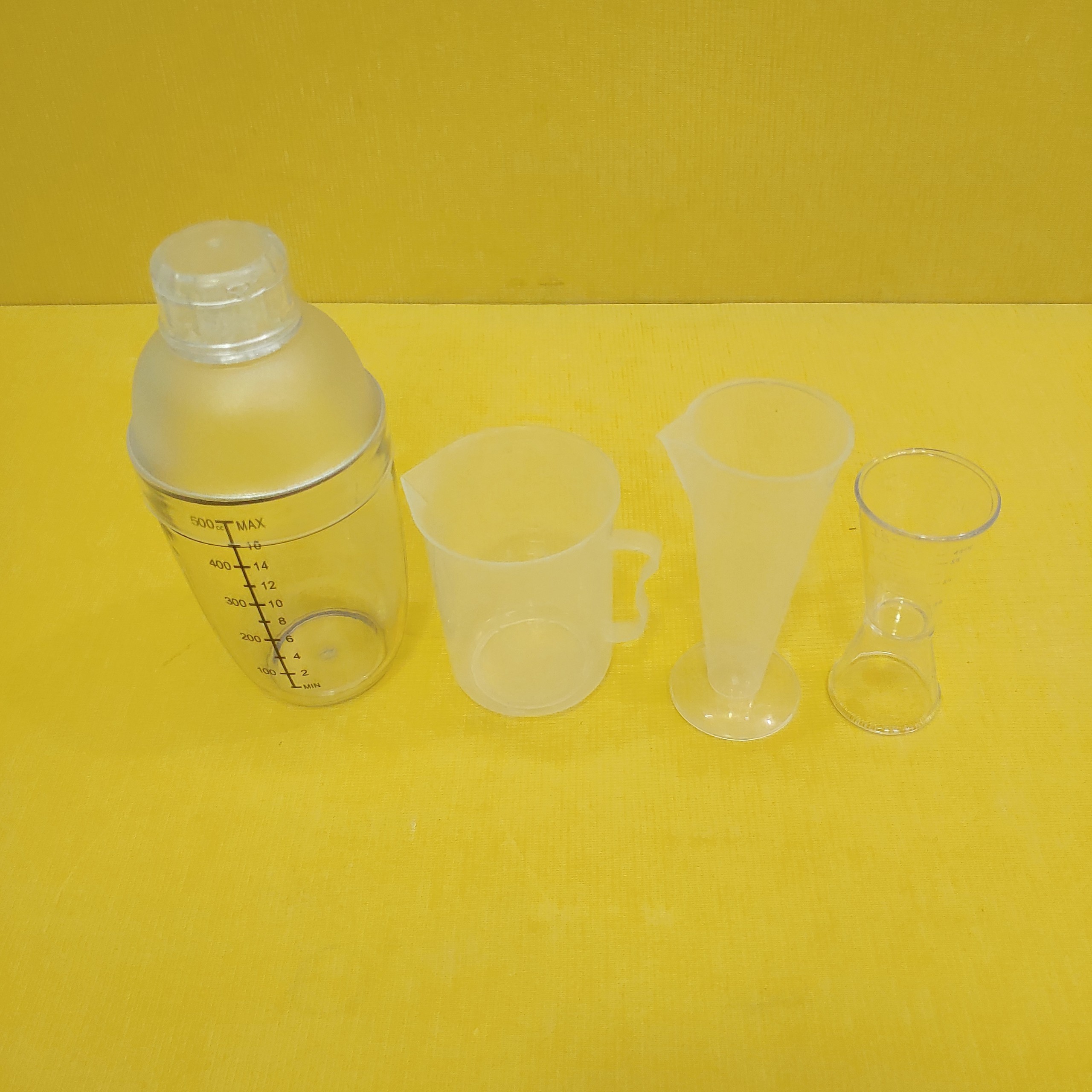 COMBO 4 DỤNG CỤ PHA CHẾ (SHAKER 530ML IN, LY 100ML, CA 250ML, LY 2 ĐẦU)