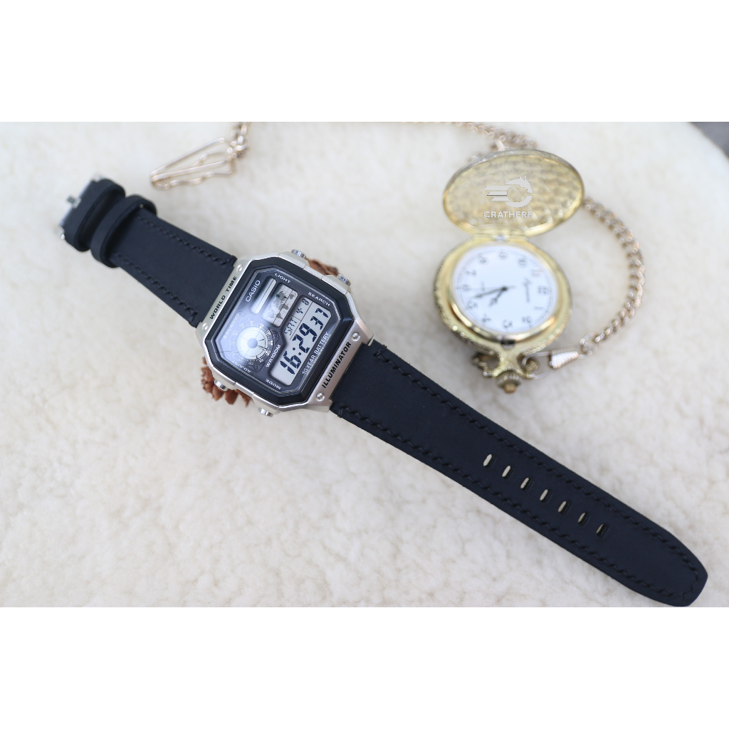 Dây da thay thế đồng hồ Casio AE1200 da bò sáp handmade