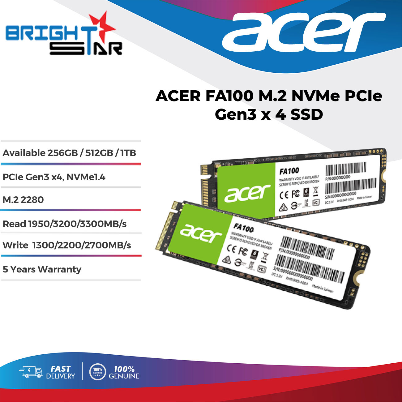ACER FA100 M.2 NVMe PCIe Gen3 x 4 SSD - 256GB/512GB/1TB | Lazada