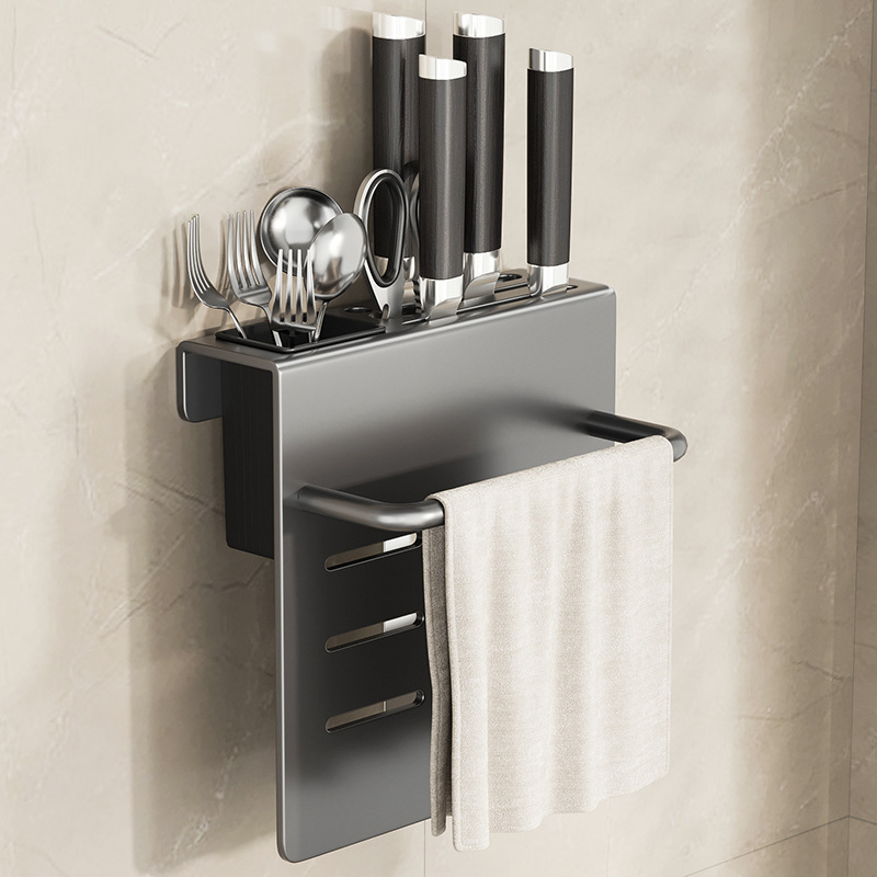 KS Kitchen knife holder, multi-function wall-mounted knife storage rack, kitchen knife, cutting board, integrated shelf, chopstick holder