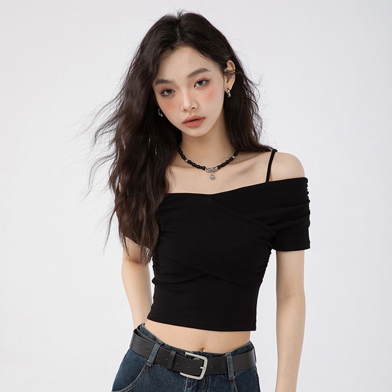NICK One-shoulder collar short-sleeved T-shirt cropped vest