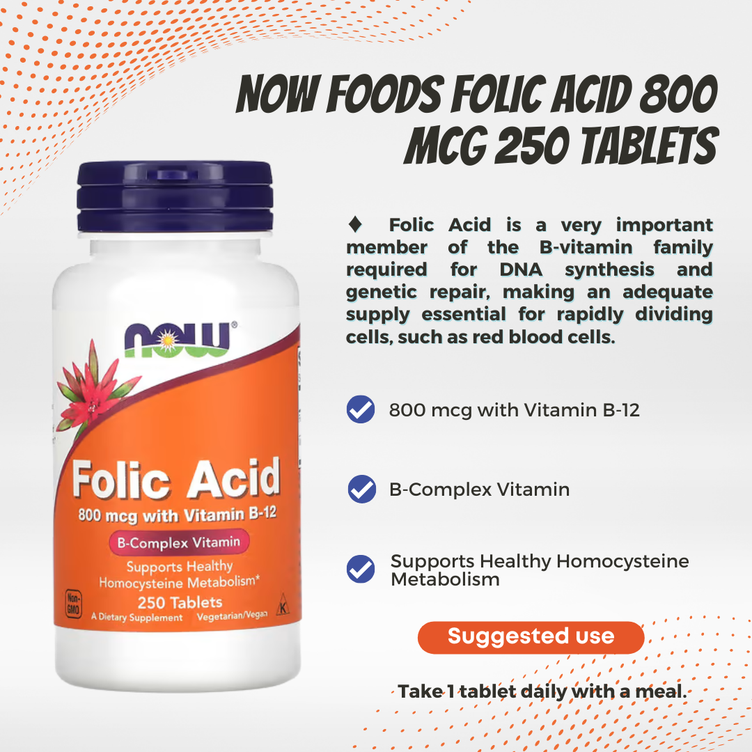 NOW Foods, Folic Acid, Vitamin, Supports Healthy Homocysteine Metabolism, 800 mcg, 250