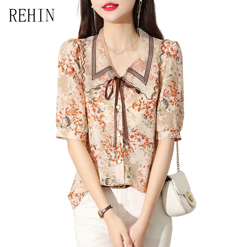 REHIN เสื้อเชิ้ตแขนสั้นลายดอกไม้สำหรับผู้หญิง,เสื้อเบลาส์หรูหราผ้าผูก ...