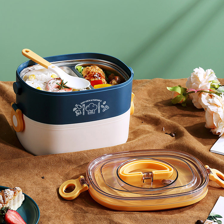 Simple oval-shaped double-layer stainless steel lunch box large-capacity handle compartment lunch box student lunch box