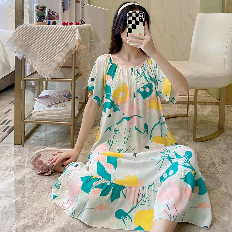 Váy đầm ngủ ngắn tay mặc hàng ngày vải Cotton lụa thoáng mát, váy lanh mặc bầu, áo ngủ nữ dáng suông bigsize mã VAV0494