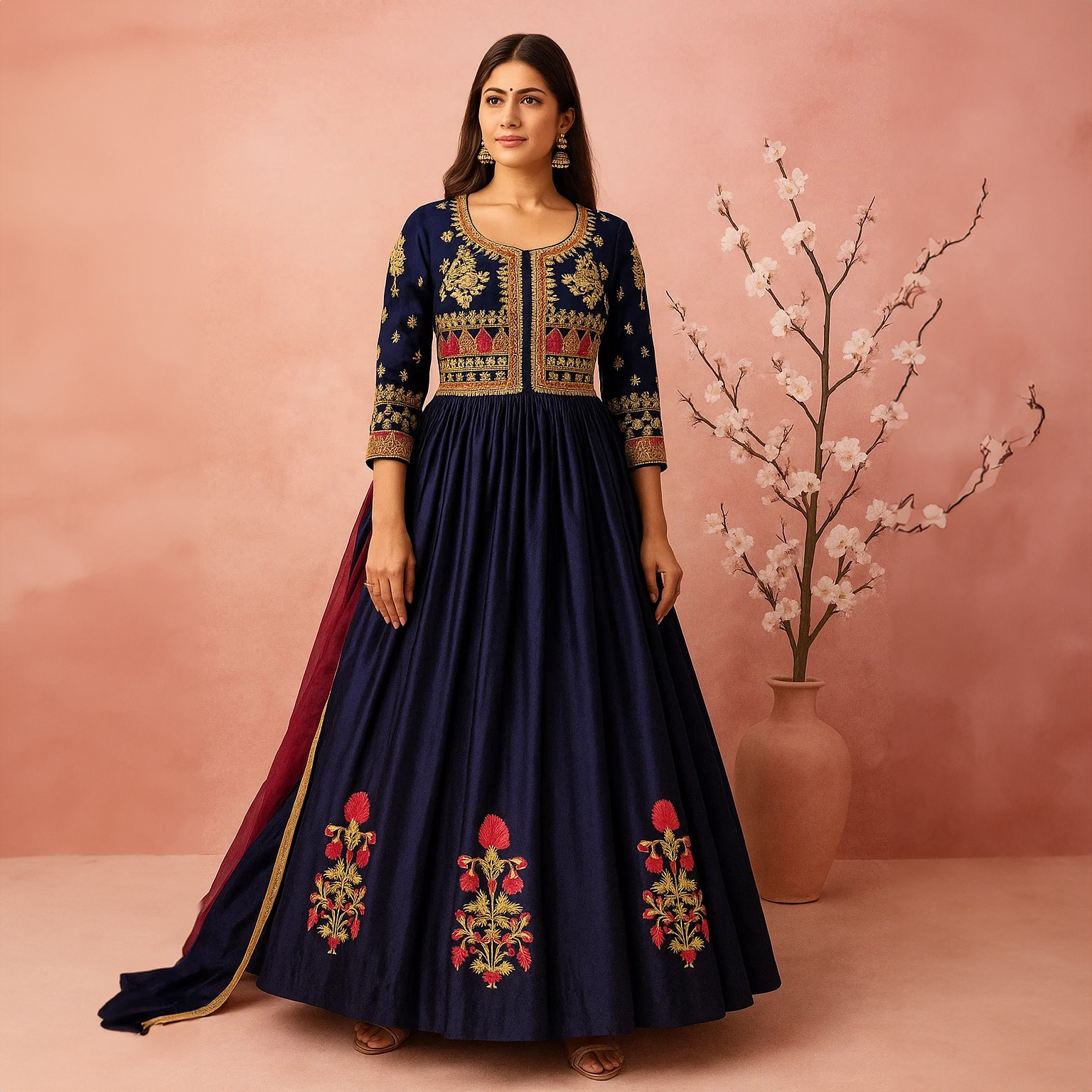 heavy embroidered dresses Mylene Hand Embroidered Maxi Dress Long SleevesWith Tassels Peach S/M main image 1