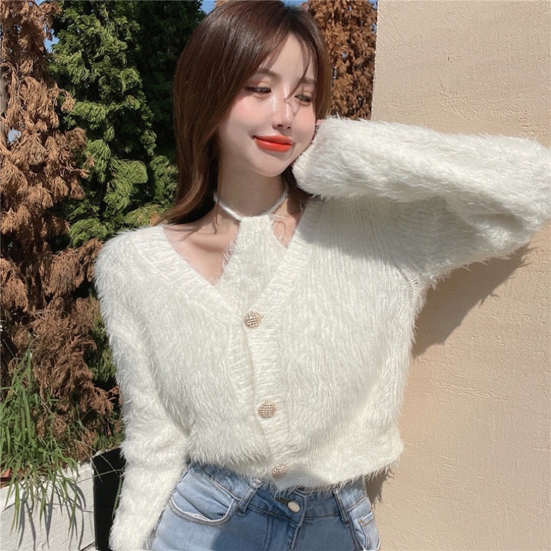 Set Áo Len Lông Thỏ cổ Yếm + Áo Khoác Cúc Siêu Xinh