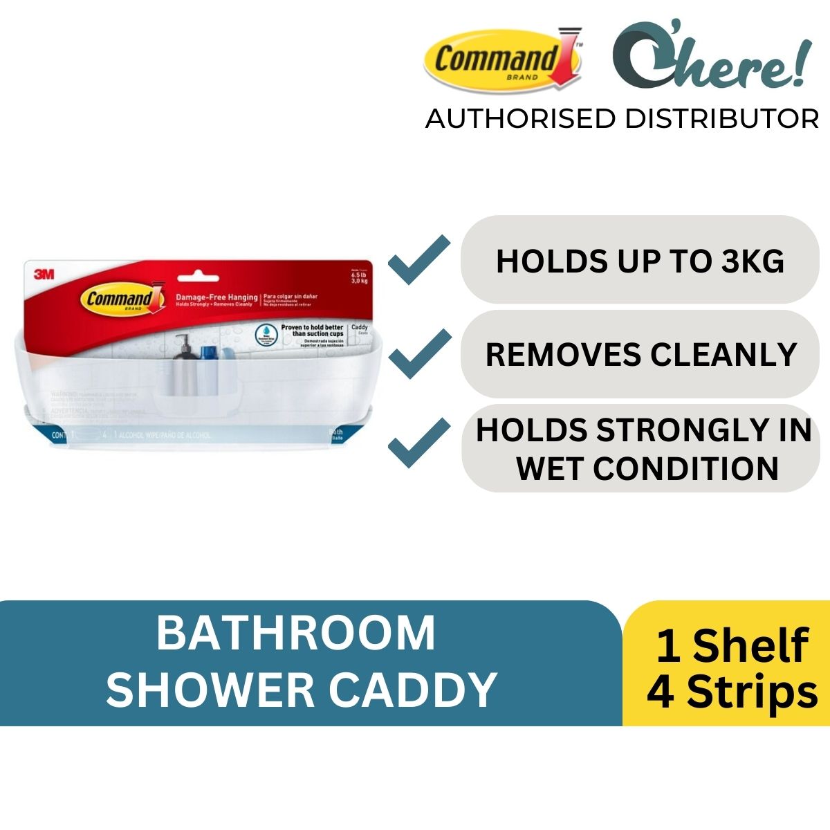 3M COMMAND SHOWER CADDY 4 LARGE STRIPS / 1 ALCOHOL WIPE / 3 KG