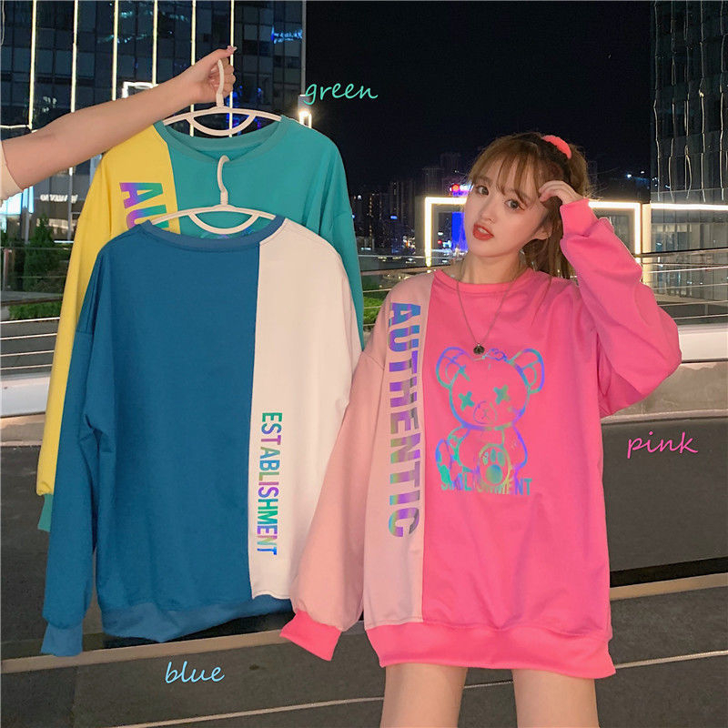 MBeauty Women's spliced loose round neck sweatshirt pullover bear
