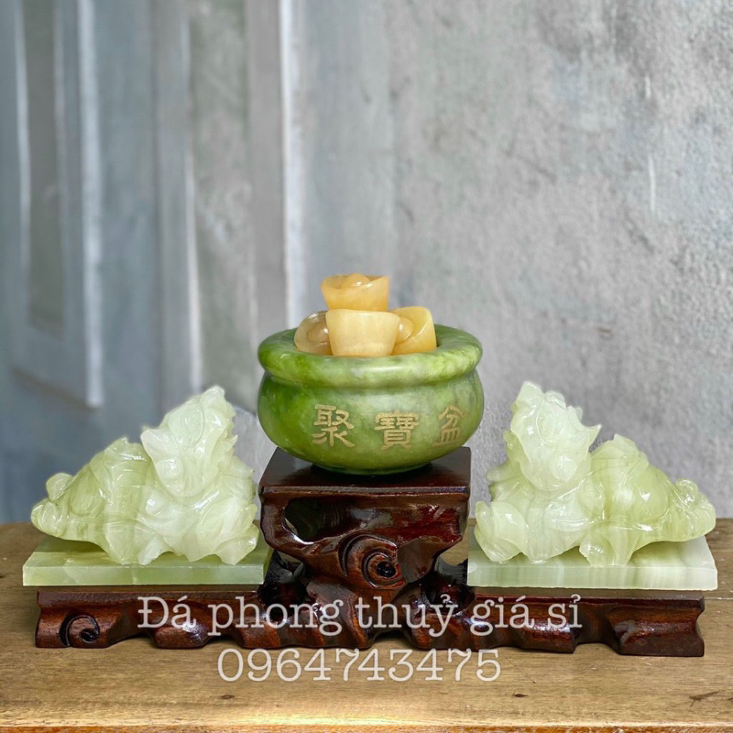 Bát tụ bảo + tỳ hưu phong thủy đá xanh combo Եài Lộc ngọc onyx xanh nguyên khối kích thước- dài 10cm