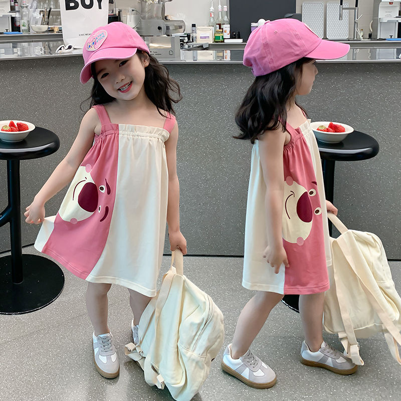 HOBIBEAR cute dress for girls New Cartoon Strawberry Bear Color Block Girls Suspender Skirt Sleeveless dress for girls aged 2-8 years old