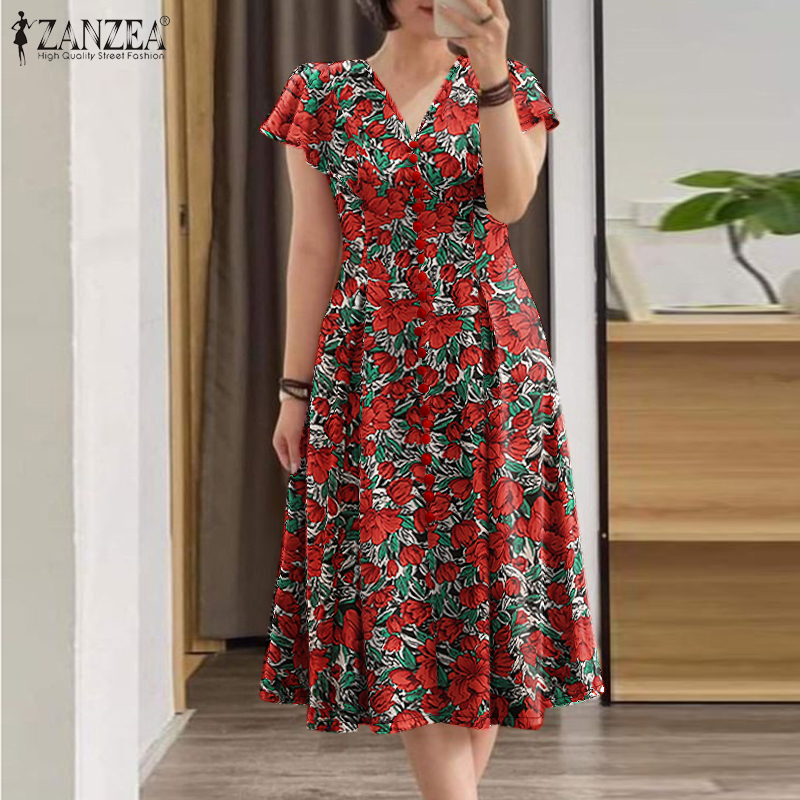 ZANZEA Womens Vintage Floral Printed A-Line Dress Casual V Neck Ruffled Sleeves  Knee-Length Dresses