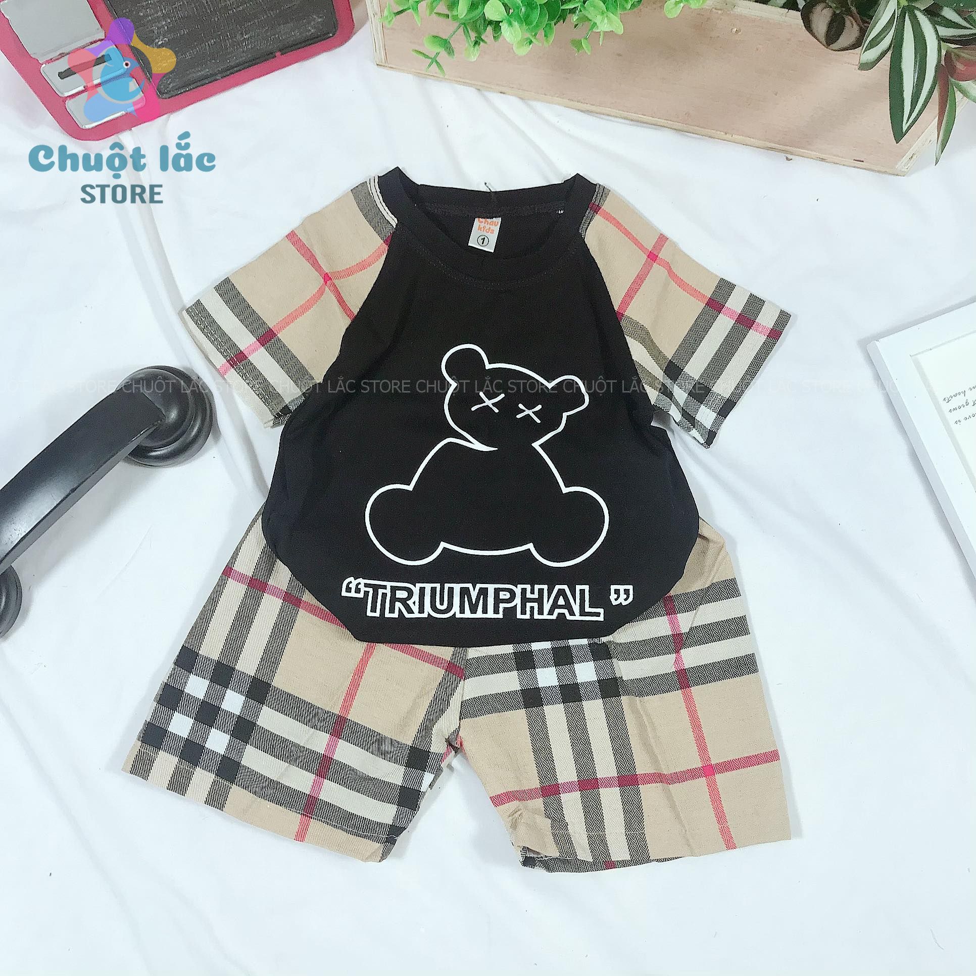 Bộ Quần Áo Bé Trai Bé Gái Hình Gấu xỉu Siêu Hot Thun Cotton 4 Chiều 7kg Đến 20kg Màu Kem, Đen