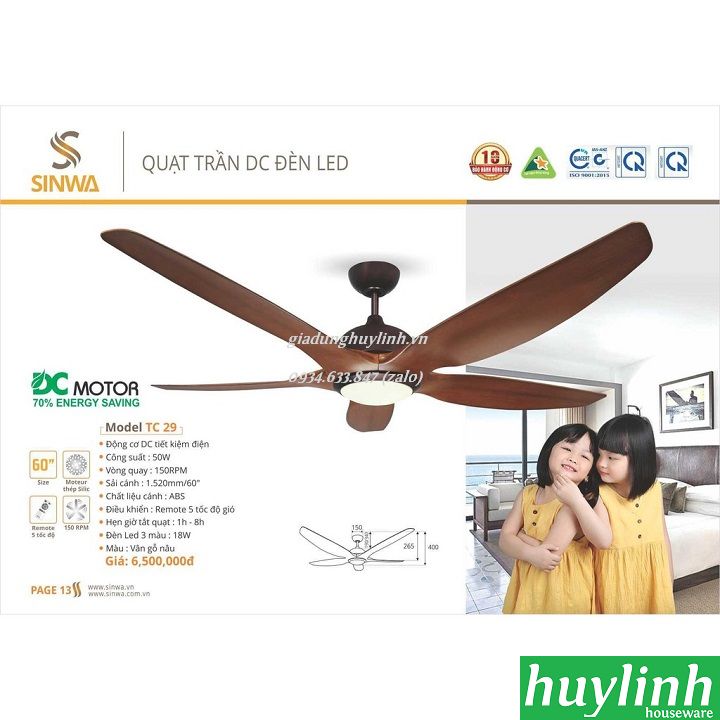 [HCM][Trả góp 0%]Quạt trần đèn LED Sinwa TC29 - 5 cánh