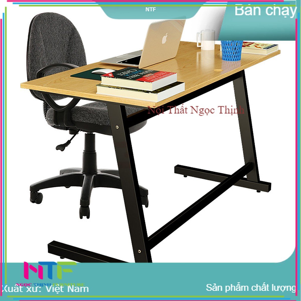 Bộ Bàn Oak-Z Đen kèm kệ sách treo tường tàng hình đa năng Ngotico 100X60X75