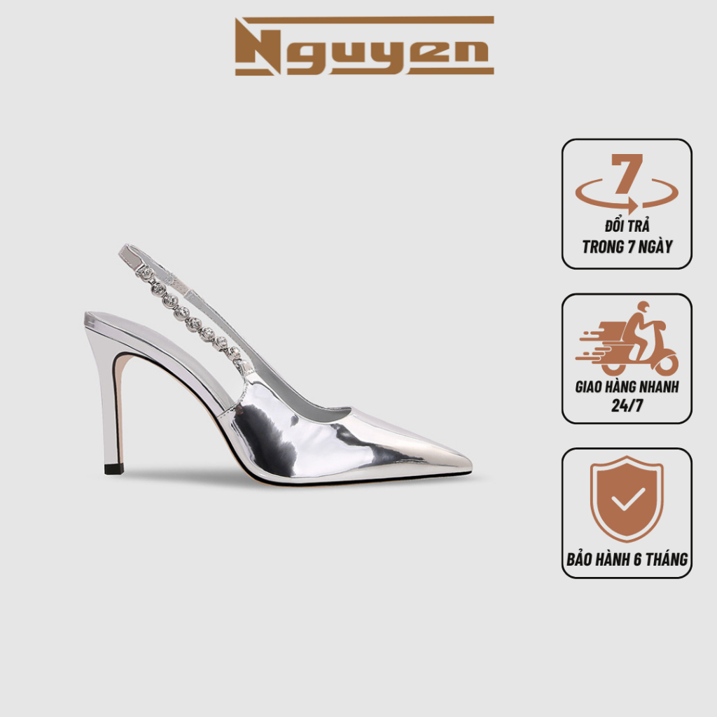 Giày cao gót Nguyễn Gia mũi nhọn nhọn bít mũi quai đính đá gót cao 7p và 9p-N118