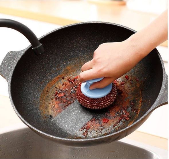 Stainless steel pan pot brush, ceramic scrub with convenient handle