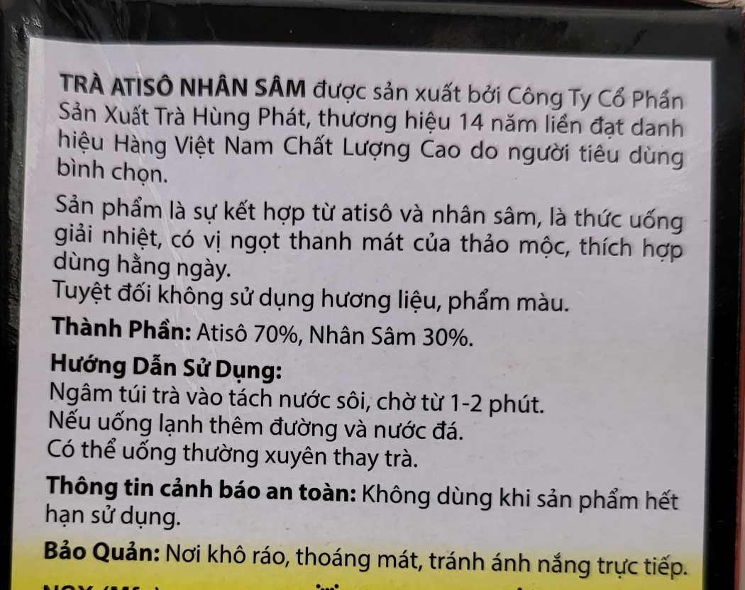 [Hộp 50g (25 túi lọc)] TRÀ ATISO NHÂN SÂM [VN] HÙNG PHÁT Artichoke Ginseng Tea