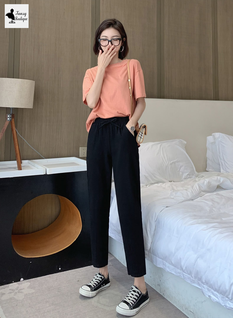 Quần baggy nữ vải đũi xước Hàn mặc cực mát