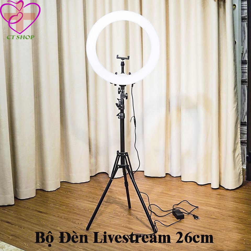 Đèn live stream tròn 26cm dùng để chụp hình - bán hàng - trang điểm có 3 chế độ đèn tiện dụng tặng giá đỡ 3 chân 2m1 chắc chắn