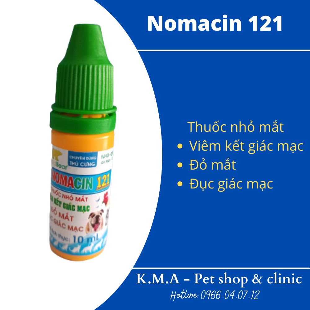 Thuốc nhỏ mắt nomacin chai 10ml đặc trị viêm giác mạc, viêm kết mạc, đỏ mắt, đục giác mạc ở gà đá, chó, mèo, thú cưng